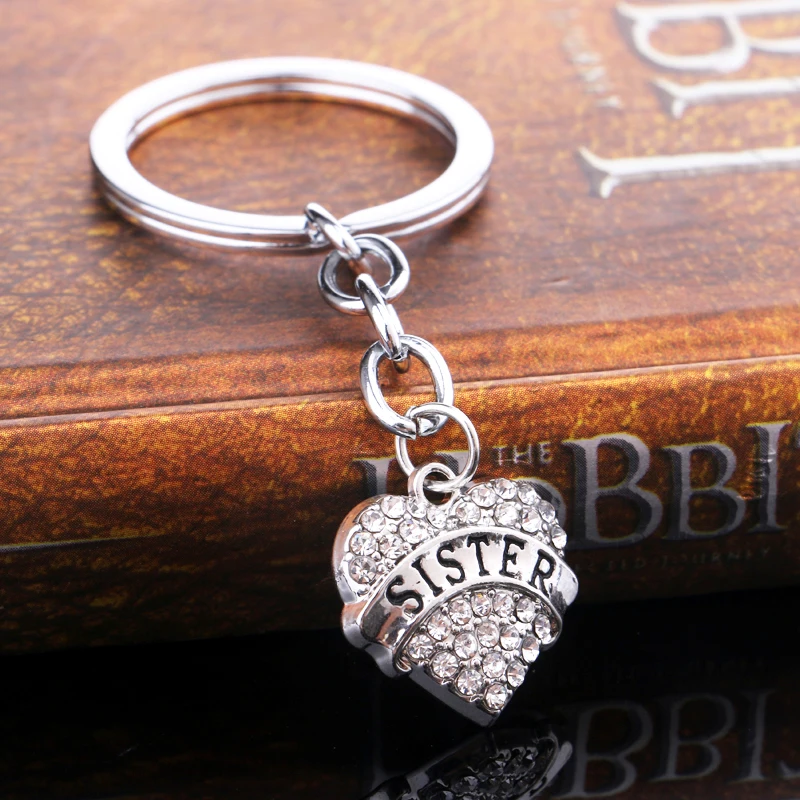 12 Pc/Lot Love Heart Sister Keyring Clear Rhinestone Pendant Keychain Key Ring Family Women Friend BFF Jewelry Wallet | Украшения и