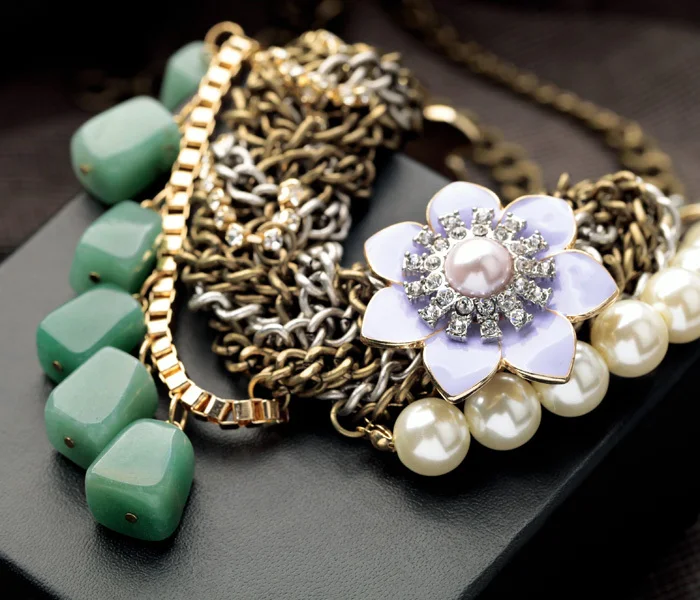 Bulk Price 2014 New Design Exaggerated Women Resin Glass Stone Flower Shiny Gold Color Simulated Pearl Choker Necklace | Украшения и