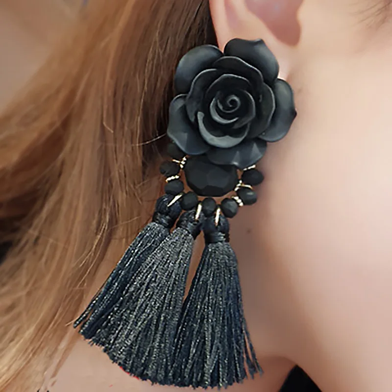 Женские серьги гвоздики в стиле бохо уникальные этническом с черными цветами