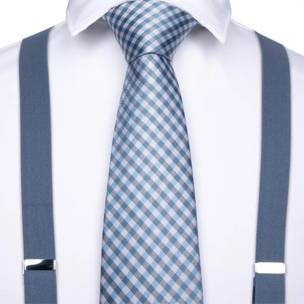 

2019 Top Men Blue Suspenders leather 6 Clips Vintage Casual Trousers Strap Mens Gift with Tie for Men Business Wedding Party Tie