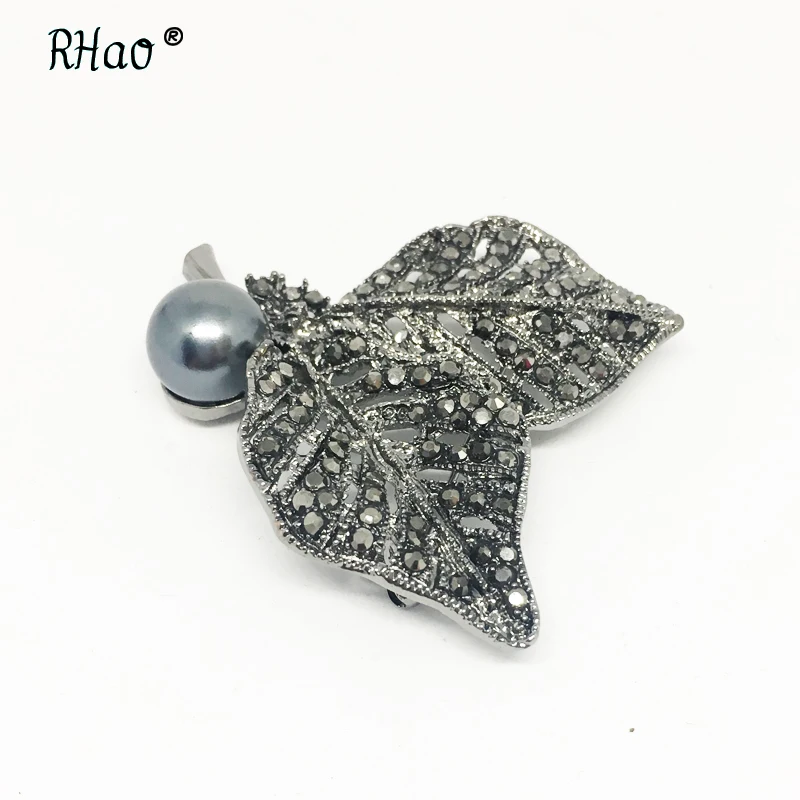 RHao Женская/Мужская корсажная Винтажная брошь в виде двух листьев черного цвета