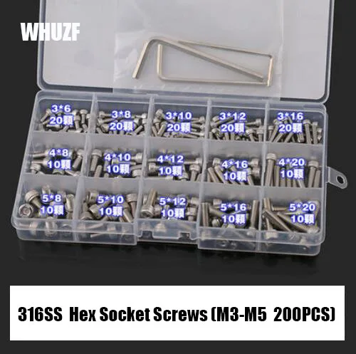 

200pcs/set M3 M4 M5 316 Stainless Steel Hexagon Socket Head Cap Screws Bicycle Hex Bolts Nut Screw Set Assortment Kit