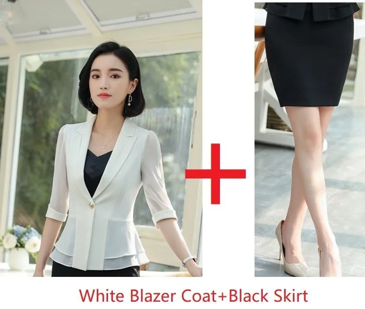 White Skirt Suits Весна Лето Половина рукава Формальные женские деловые костюмы OL стили профессиональные дамы офисная Рабочая одежда женские униформы наборы - Цвет: White Skirt Suits