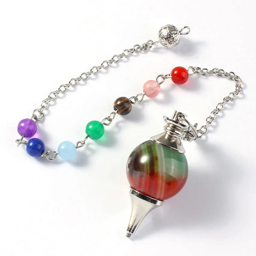 100-Unique 1 Pcs Silver Plated Green Agates with Stone Beads Chain Dowsing Chakra Pendant Pendulum Jewelry | Украшения и