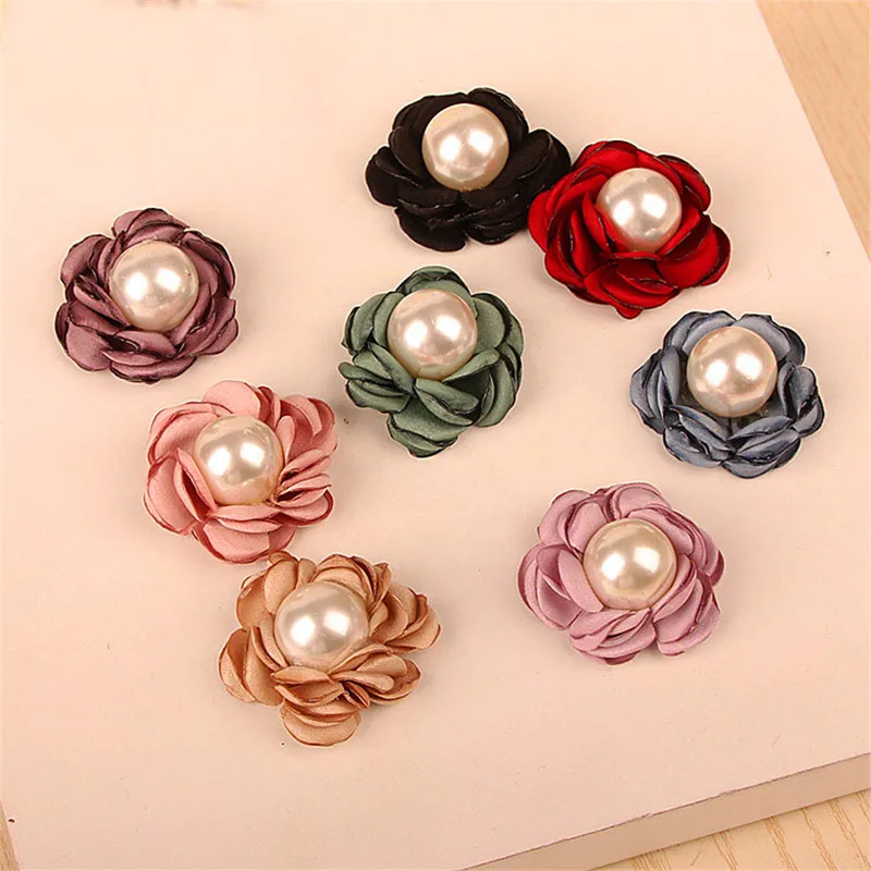 

New Arrival 10PCs 40MM Round White Pearl Core Fabric Flowers Flatback Floral Button Patch Sticker Fit Ornaments hair bow clips