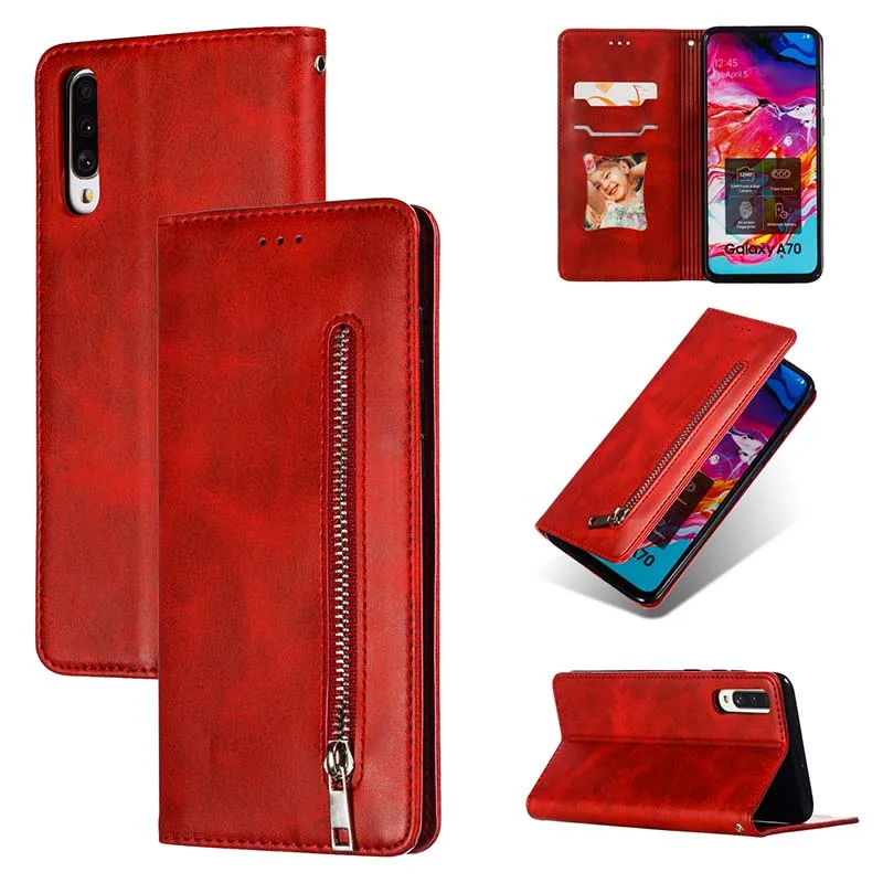 Red Красивый чехол из искусственной кожи для samsung Galaxy A70 A 20 30 40 50 70 на молнии+ ремешок+ кожа+ мягкая ТПУ подставка на магните Чехол-книжка - Цвет: Red