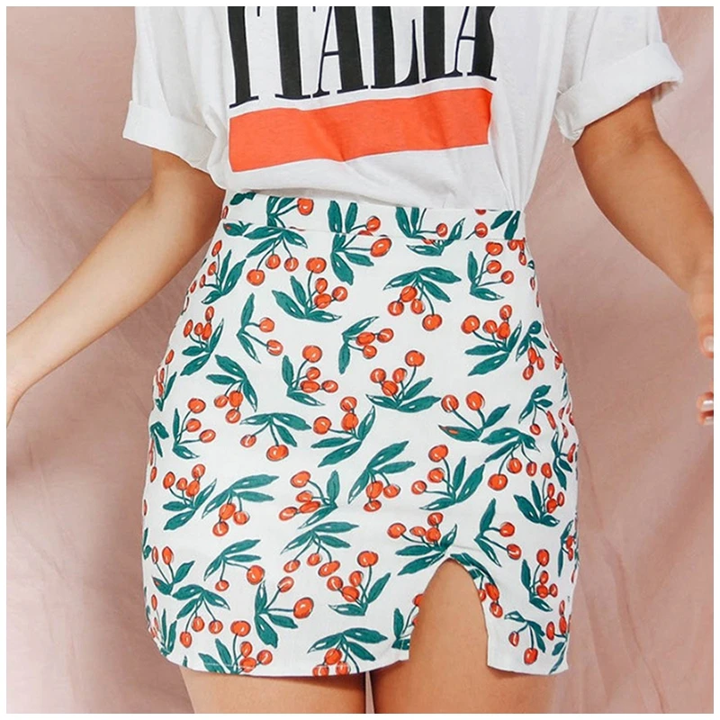 Летний стиль в деревенском стиле с принтом виде вишен юбка разрезом пикантные