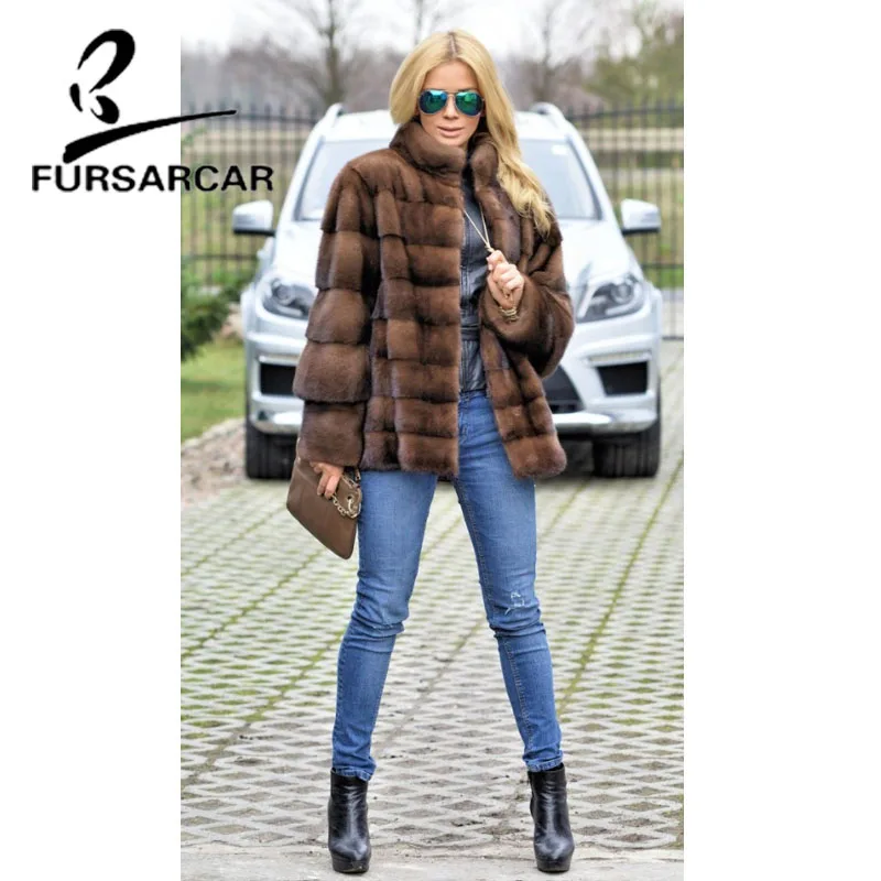 FURSARCAR 2021 Real Mink Fur Coats Women With Fur Collar Detachable Sleeve Cuff Side Bifurcation Jacket Female Mink Fur Coat