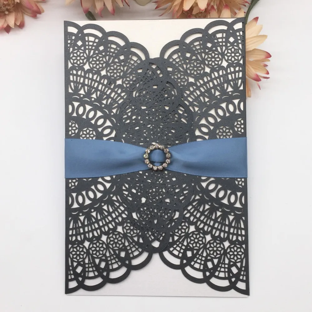 

50pcs/lot Wedding Invitations With Ribbon Laser Cut Elegant Lace Design Wedding Card Birthday Gift Card Banquet Party Supplies
