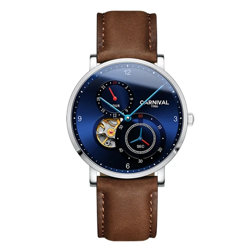 Brown leather C8026 Карнавал ультратонкие tourbillon для мужчин часы лучший бренд эксклюзивные механические часы Полный сталь relogio Мужской коль saati - Цвет: Brown leather C8026