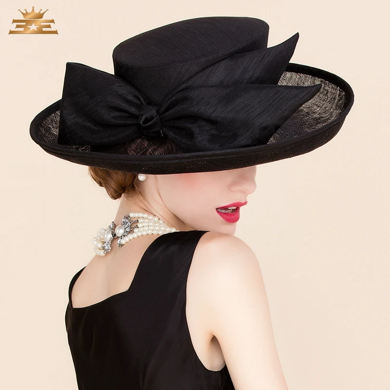 Sombrero de fieltro de lino negro para mujer, sombrero de ala grande con lazo, vestido, sombreros de verano para boda, B-8173
