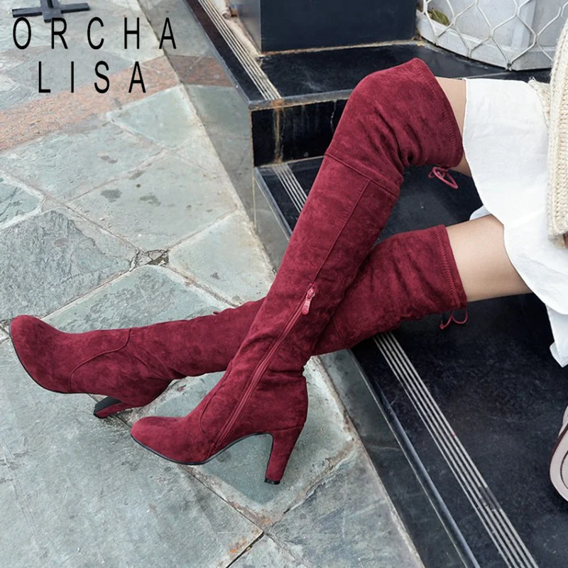 Botas aterciopeladas por encima de la rodilla para mujer, zapatos sexys de tacón alto con cordones, talla grande 31 45 44, otoño e invierno, ORCHA LISA