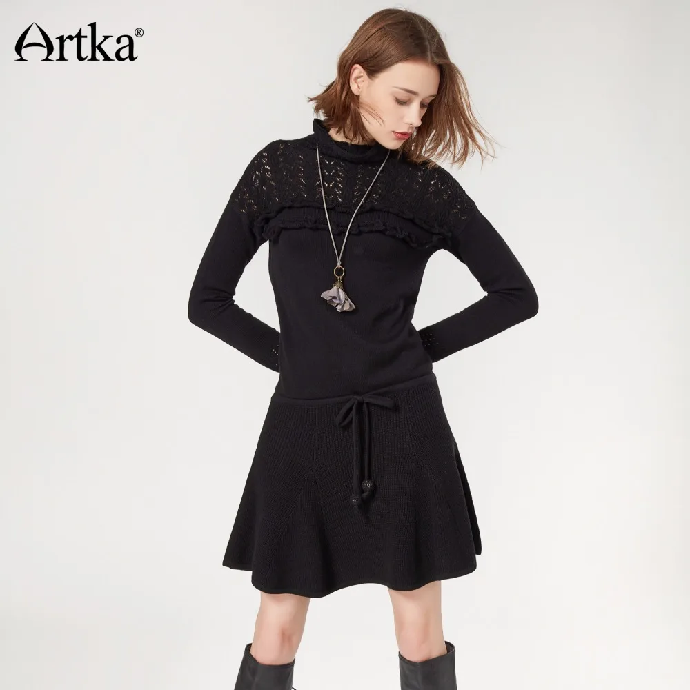 Женское шерстяное платье-свитер ARTKA длинное кружевное платье-пуловер с оборками