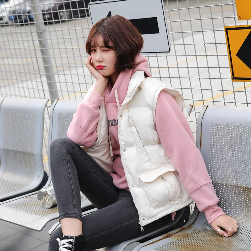 Rlyaeiz Short Women Winter Vest Coat 2018 Autumn Casual Pockets Down Cotton Padded Sleeveless Jacket Warm Waistcoat | Женская одежда