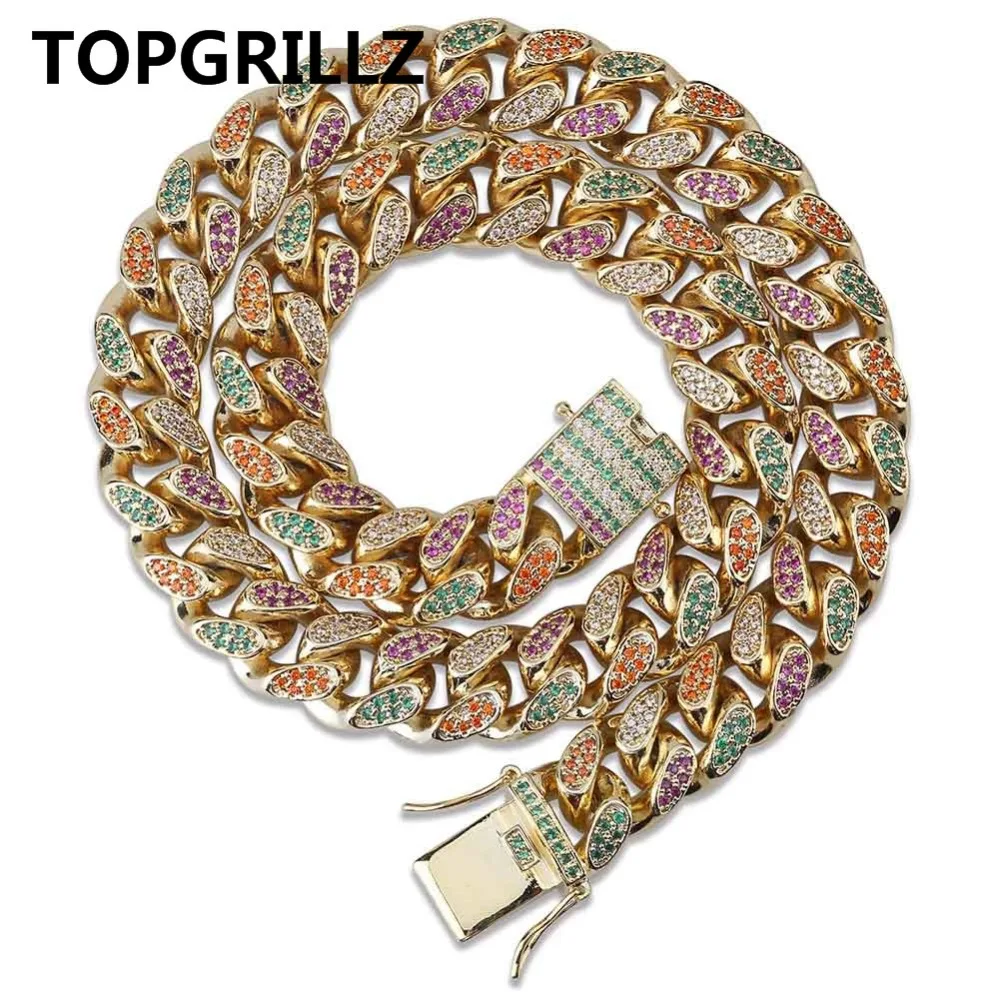 Мужская цепочка TOPGRILLZ кубинское ожерелье с инкрустацией радужного цвета 14 мм
