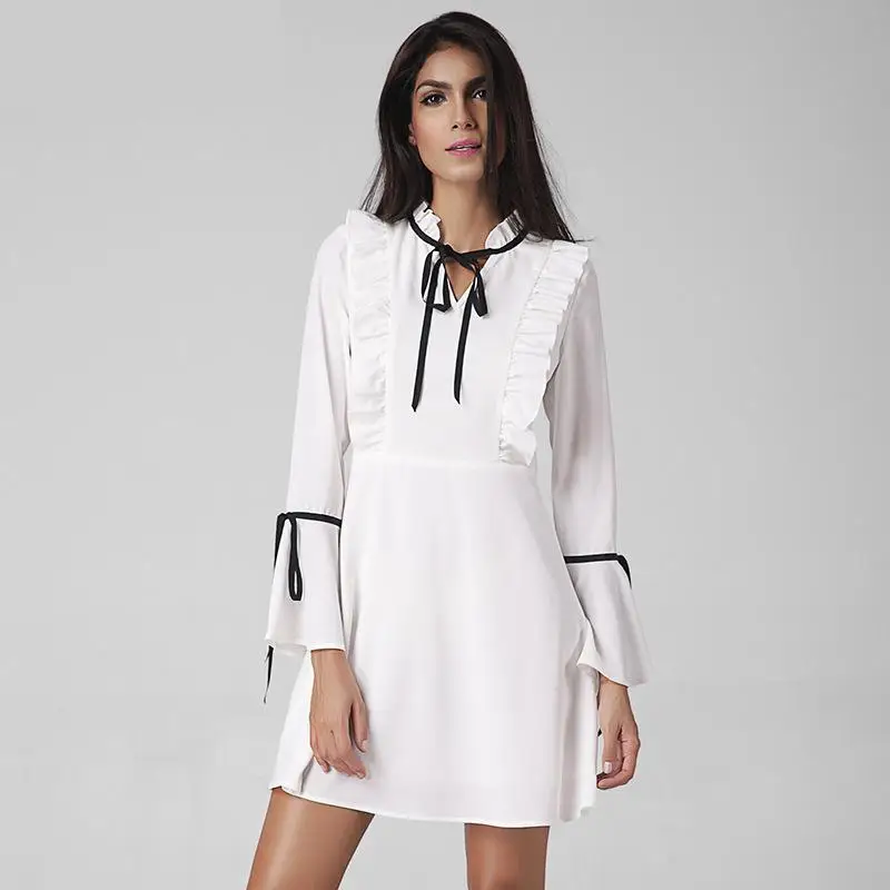 Мода 2017 Демисезонный платье Для женщин Винтаж воланами белое Высокая Талия