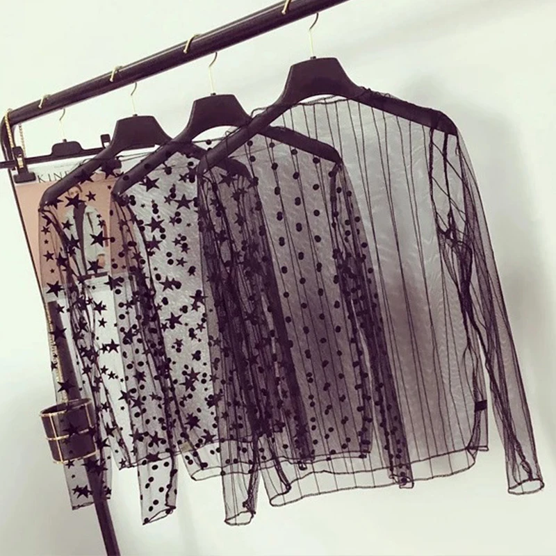 

2020 New Women Sexy Harajuku Mesh Tops Net See Through T Shirt Transparent Undershirt Star Base Top Camisas Femininas Clubwear