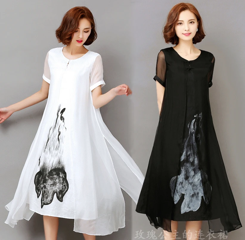High Quality New Spring Summer Women Work Wear Ink Print Retro Cotton Linen Designs Casual Dresses Slim White | Женская одежда