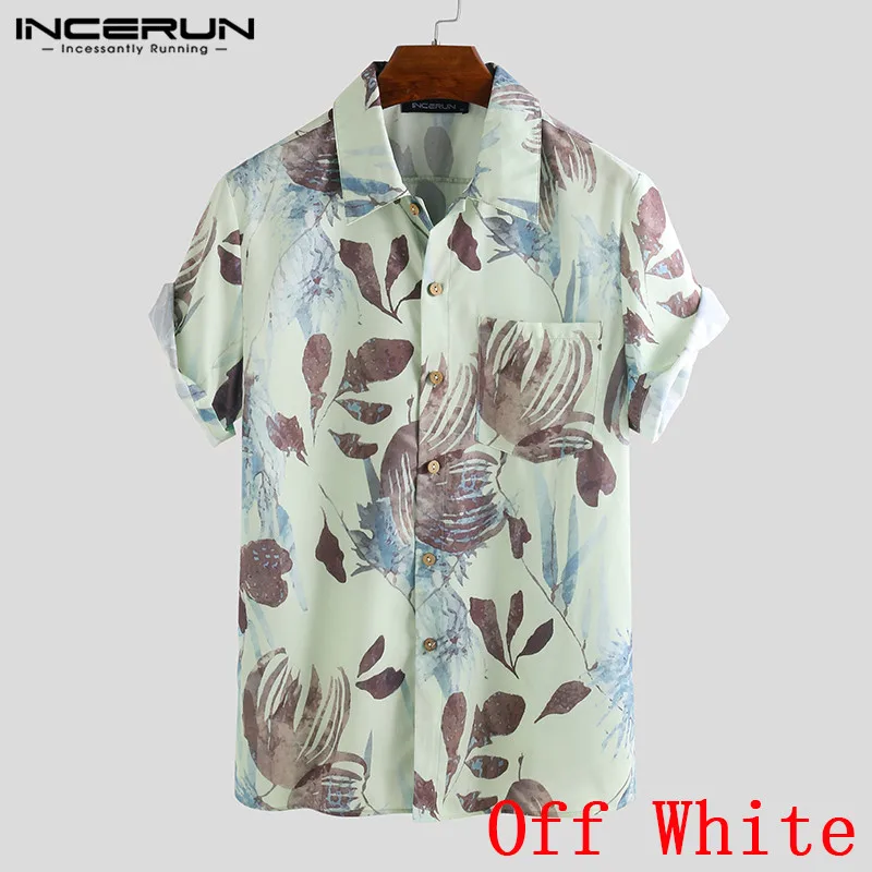Off White Shirt INCERUN Летняя мужская Гавайская пляжная рубашка с принтом и отложным воротником, Повседневная Свободная блуза с коротким рукавом, модные брендовые рубашки для мужчин - Цвет: Off White Shirt