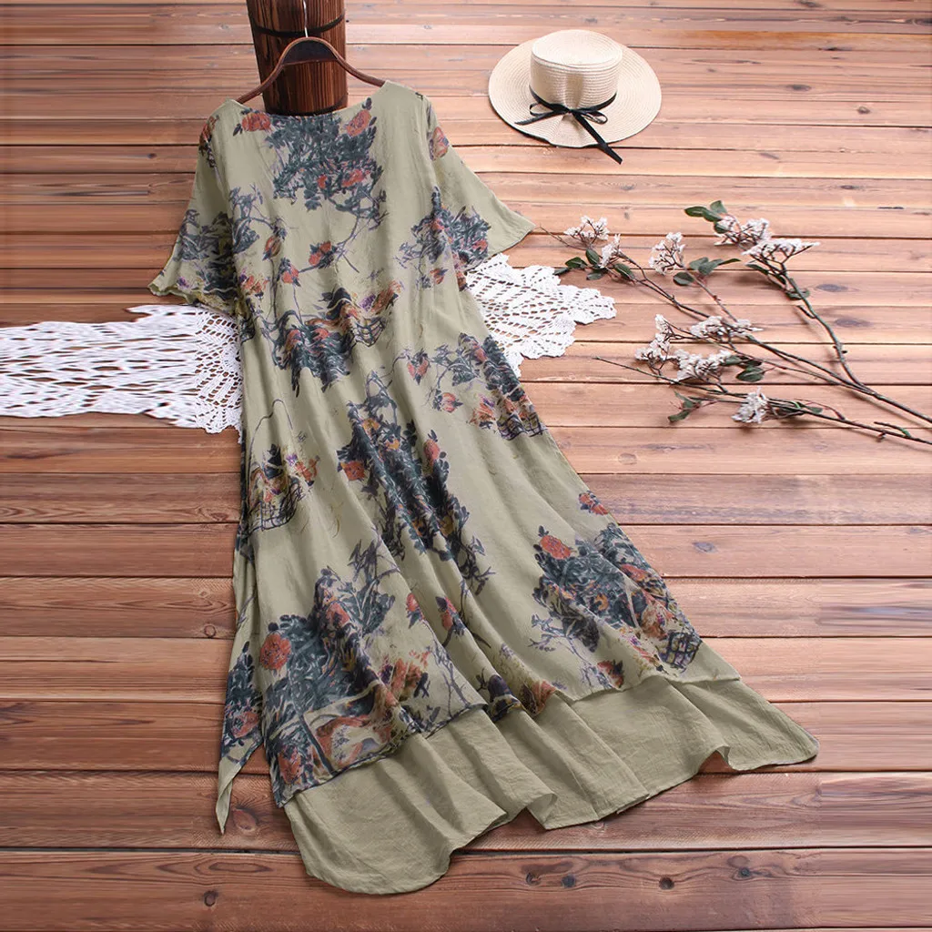 

Women Dresses Women Summer Print Patchwork Short Sleeve O-Neck Vintage Maxi Plus Size Dress vestidos femininos