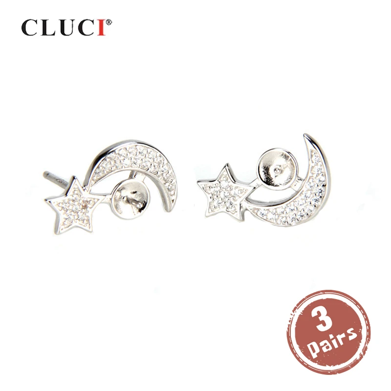 

CLUCI 3 pair 925 Sterling Silver Pearl Earrings Mounting for Women Silver 925 Star And Moon Shaped Stud Earrings SE035SB