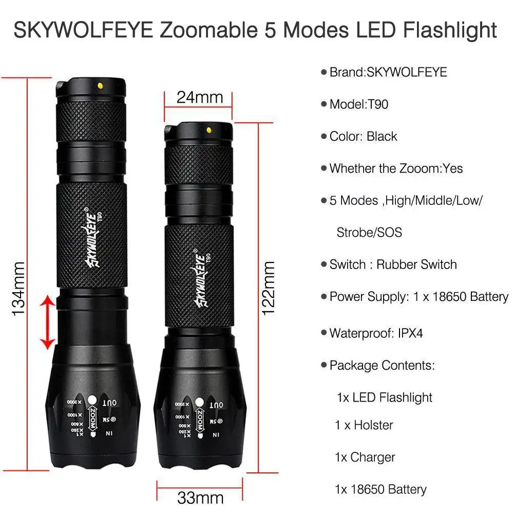 SKYWOLFEYE 8000 лм зум светодиодный фонарик 5 режимов Портативный 18650 Батарея с фокусом