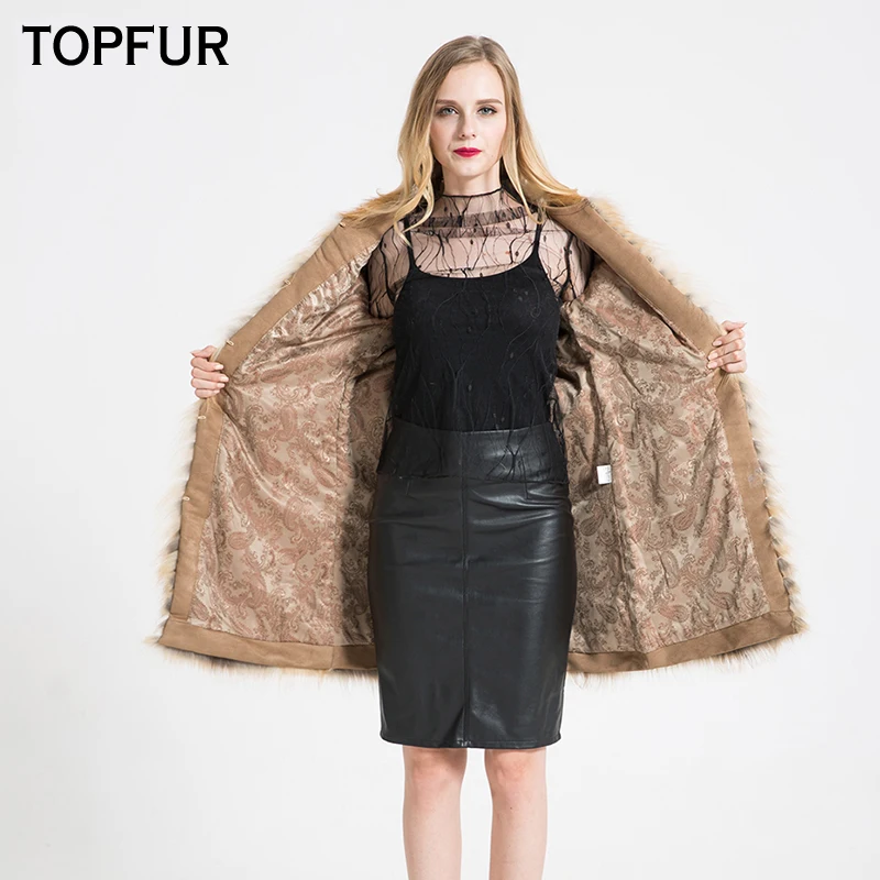 Женское пальто с натуральным лисьим мехом TOPFUR длинное круглым вырезом и на