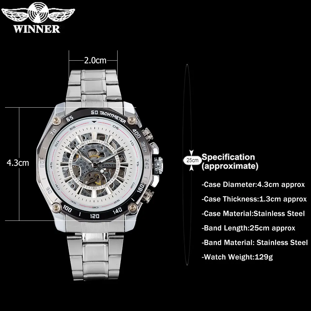 Часы наручные WINNER Мужские механические модные брендовые Роскошные серебристые с