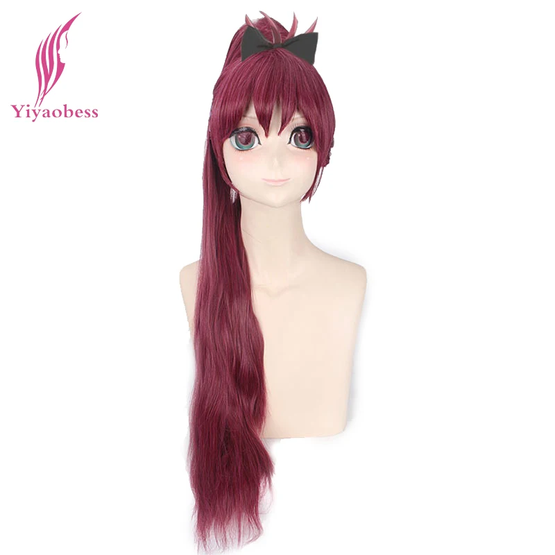 

Puella Magi Madoka Magica Gou Matsuoka Cosplay Wig Synthetic Hair Long Straight Woman Wigs With Claw Ponytail Wine Red 80cm