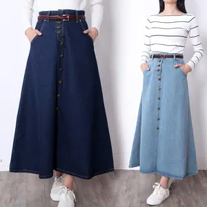 TIYIHAILEY Бесплатная доставка 2021 модная длинная до середины икры трапециевидная Женская весенне-осенняя хлопковая однобортная S-2XL джинсовая юбка