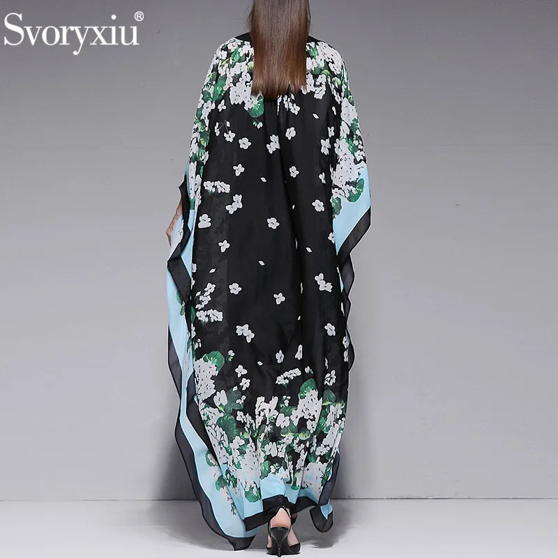 Женское свободное платье Svoryxiu, черное длинное пляжное платье с зеленым цветочным принтом и рукавами «летучая мышь», платье большого размера на лето