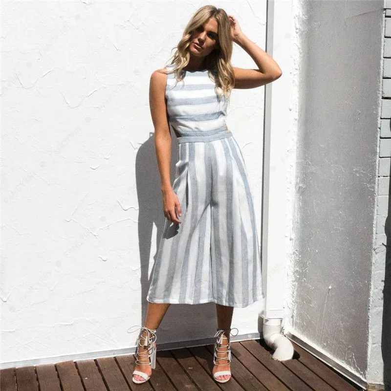 

Комбинезон женский OMSJ, летний, без рукавов, с круглым вырезом, в белую полоску, 2018