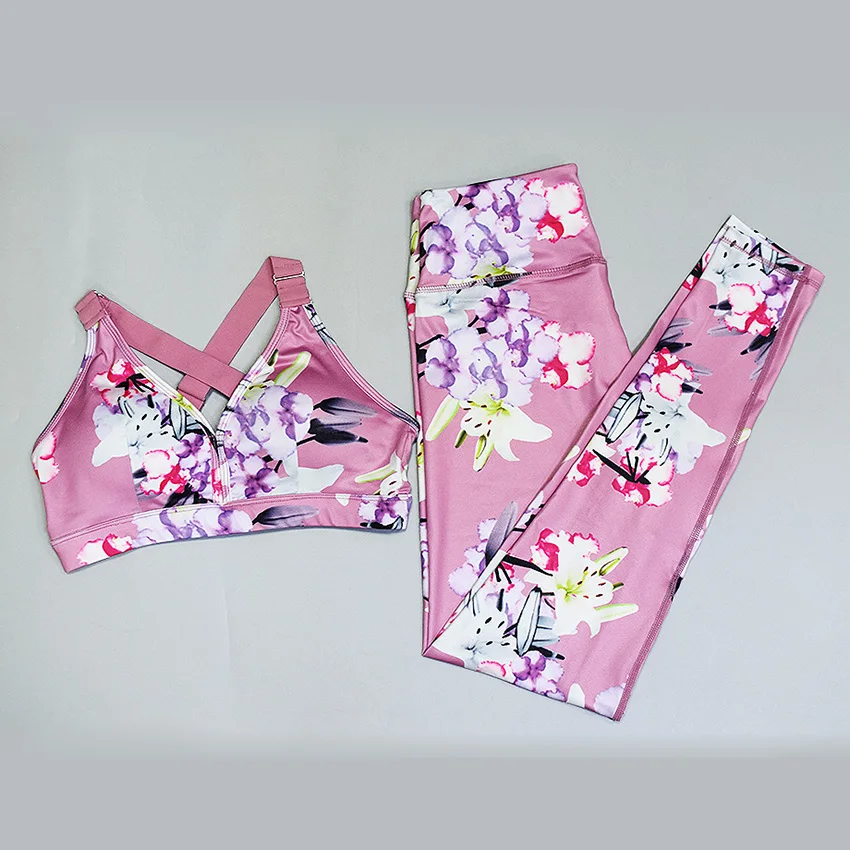 Two Piece Print Yoga Set Fitness Women Sports Running Suit Gym Wear Backless Vest Workout Elastic Quick Dry Bra+Legging | Спорт и
