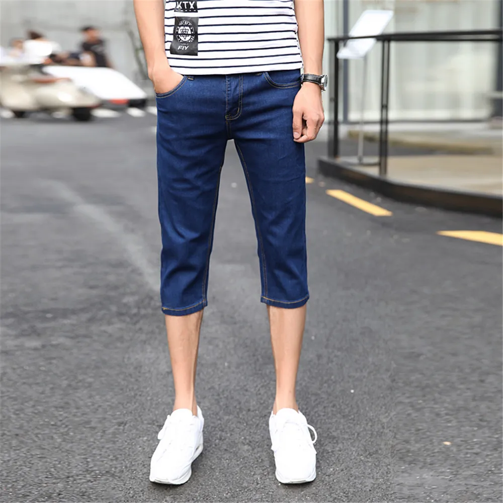 Мужские узкие джинсовые шорты синие Классические хлопковые прямые облегающие до