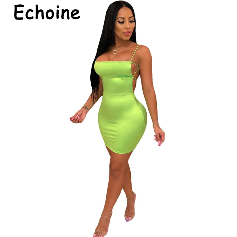 Echoine Sexy Spaghetti Straps Solid Color Low Cut Dress Bandage Backless Bodycon Clubwear Outfits Summer Ladies 2019 | Женская одежда