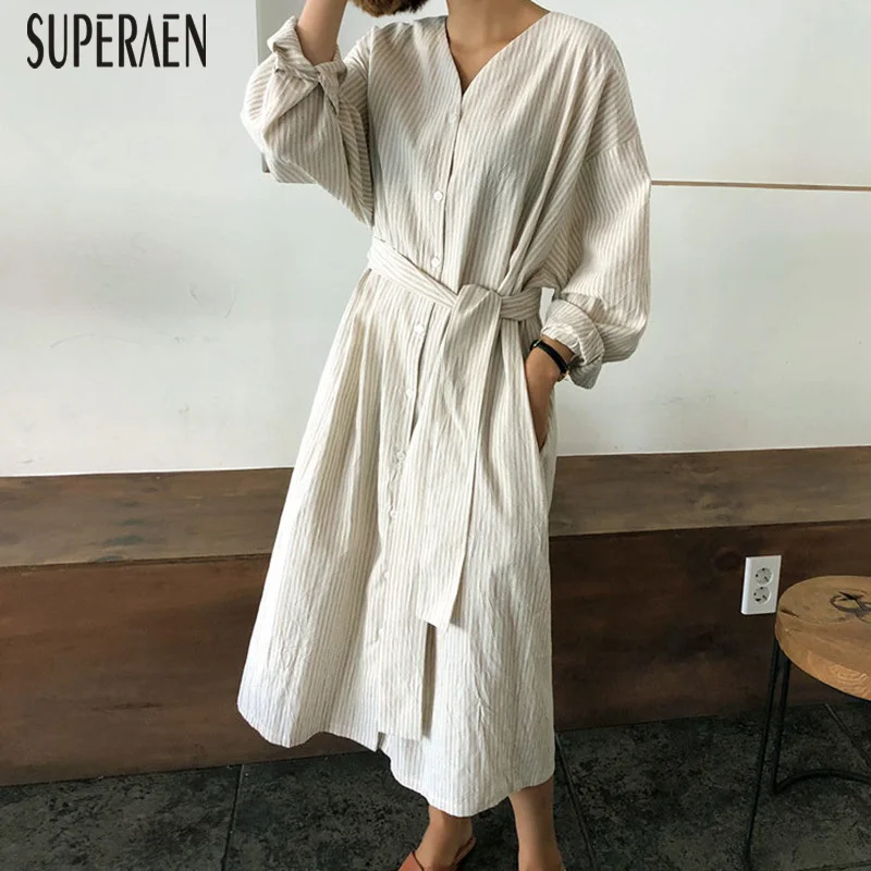 SuperAen, Полосатое платье-рубашка с v-образным вырезом, женское, корейский стиль, хлопок, повседневное, женское платье, свободное, плюс размер, Весенняя Новинка, женская одежда