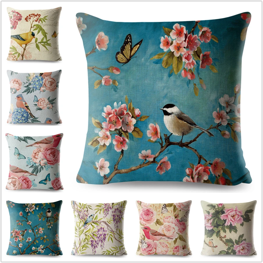 

Vintage Flower Pillow Case Decor Blue Painting Flower Bird Pillowcase Polyester Cushion Cover for Sofa Car Home 45x45cm