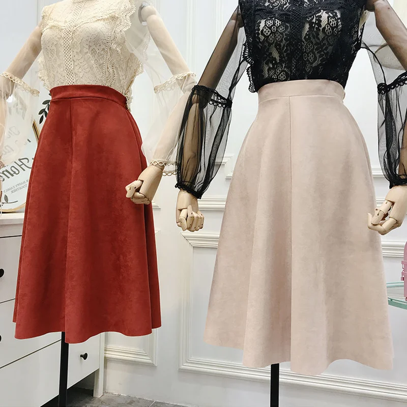 

Flectit Soft Faux Suede High Waist Midi Skirt Flare Hem Elastic Band at Back Vintage Elegant Womens Skirts Autumn Winter Outfits