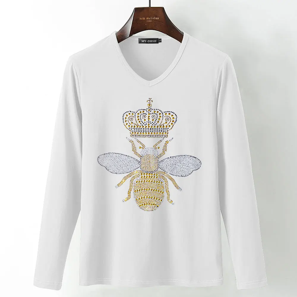 Корона пчелы рубашка Crewneck Футболка Горячая фиксация Стразы с принтом пчелы футболки мужские веганские кристалл алмаз футболка большого размера 5XL - Цвет: T008-V-White