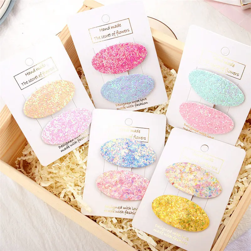 2019 handmade spring and summer new fashion sequins oval BB clip children's candy color hair clips wild jewelry accessories | Детская