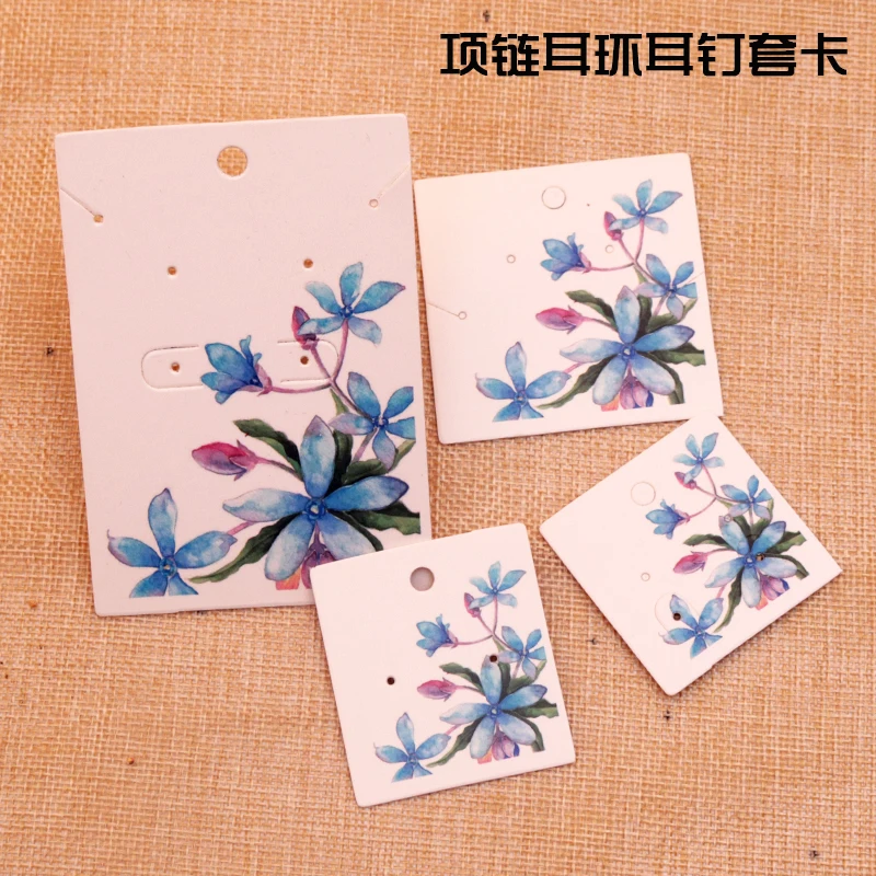 

Hot Sale 200Pcs/lot White Paper Cards Jewelry Necklace Card Cute Blue Flower Print Necklaces Earrings Display Packaging Cards