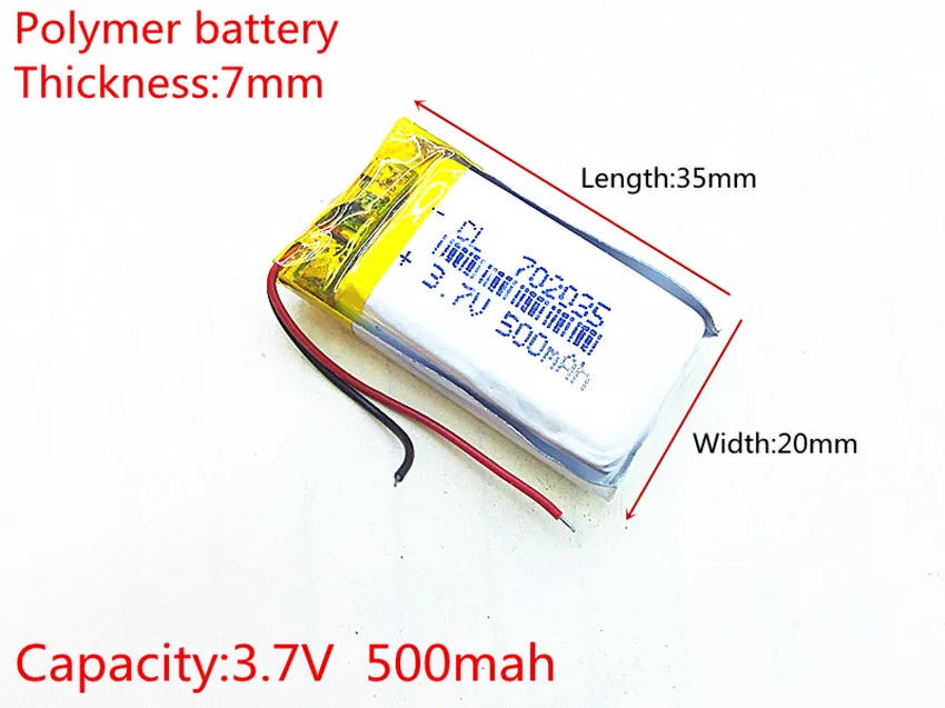 

Free shipping Polymer battery 500 mah 3.7 V 702035 smart home MP3 speakers Li-ion battery for dvr,GPS,mp3,mp4,cell phone,speaker