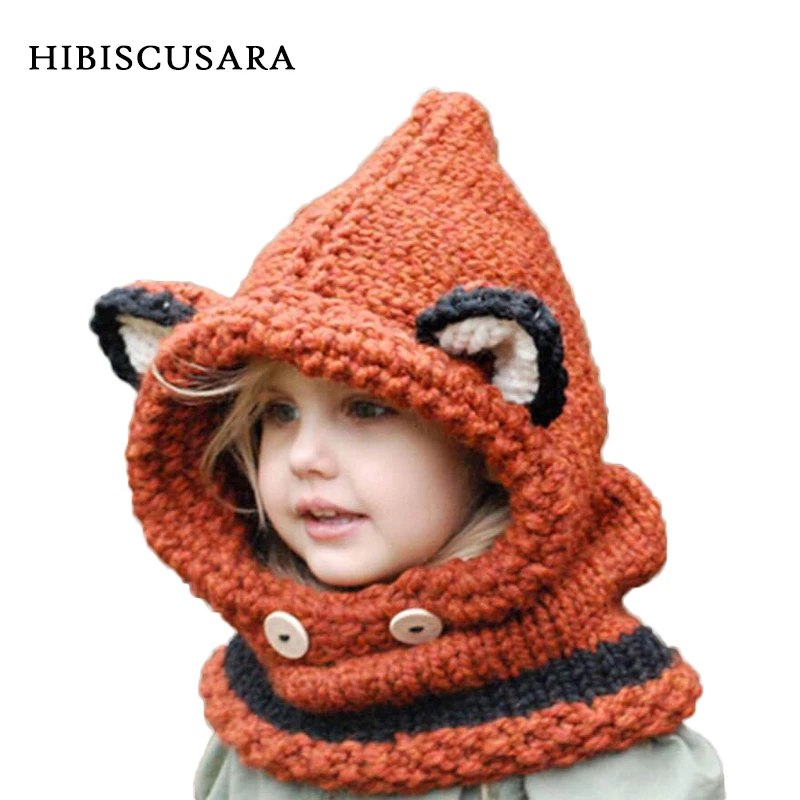 1-7 Years Animal Baby Hats With Scarf Kids Winter Warm Hats Wrap Boy Girl Fox Dinosaur Caps Autumn Children Knitted Hat Cloak