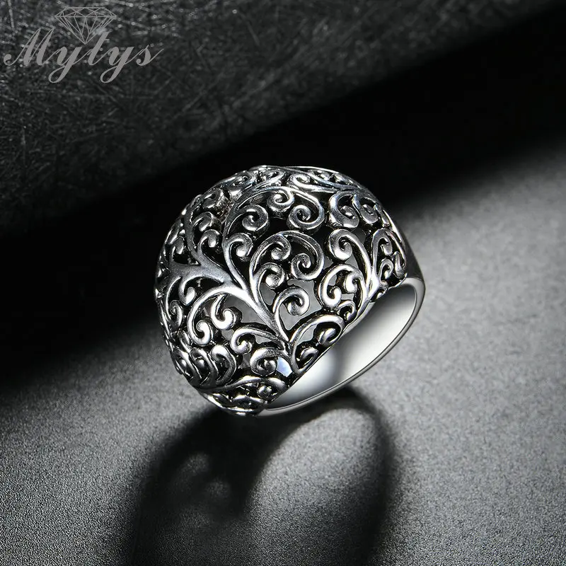 Mytys Винтажное кольцо в ретро стиле серое круглой формы с узором растений