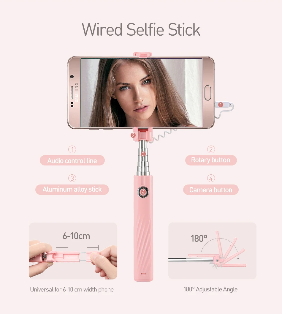 FLOVEME мини селфи палка для iPhone 4 5 6 S 6 Plus 6 S монопод палки для samsung A7 A5 A3 для Android с проводом 3,5 мм разъем