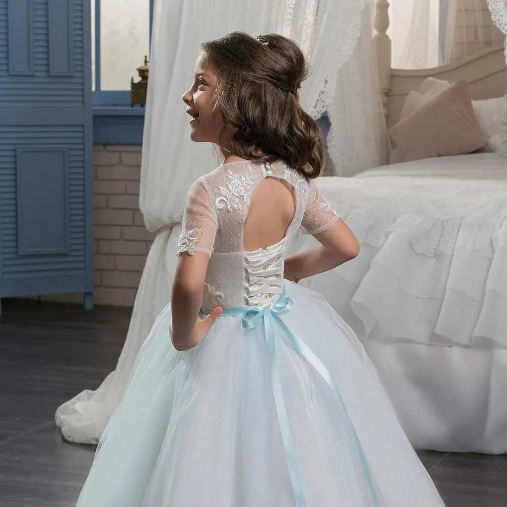 Glitz Elegant Light Blue Flower Girl Short Sleeves Pageant Dress Kids Ball Gowns Teen Lace Appliques First Communion Party | Детская