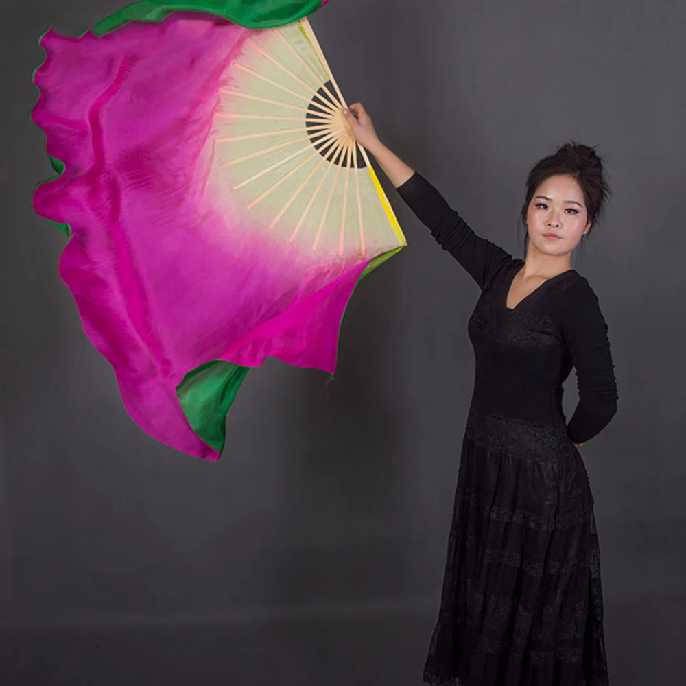 

Good Quality Belly Dance Fans For Ladies 100% Silk Veil Girl Women Green Yellow Fans Fashion Belly Professional Accessories10425