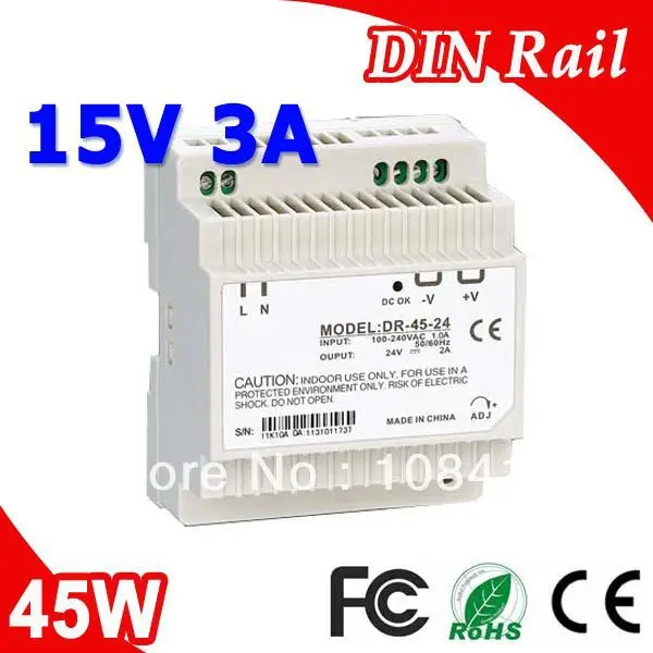 

DR-45-15 LED Din Rail mounted Power Supply Transformer 110V 220V AC to DC 15V 3A 45W Output