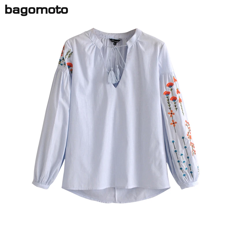 Bagomoto Повседневная Блузка Для женщин в полоску вышитые рубашки и топы 2018 Новая