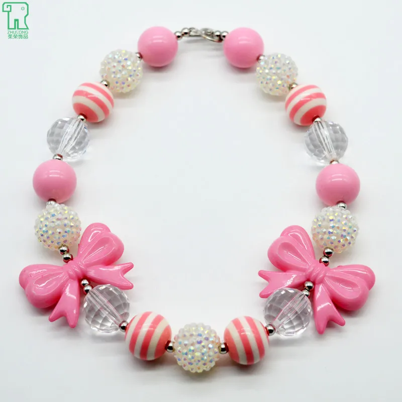 

5 PCS Pink Chunky Bow Necklace Baby Girls Bubblegum Beads Collier Chokers New Fashion Costume Jewelry Child Chunky Bow Necklace